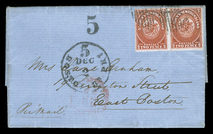 2, 1857 2p Scarlet vermilion, an outstanding horizontal pair, with margins ranging from just barely touching at top right to very large at bottom and at right, intensely rich
color and a deeply etched impression, tied to neat November 1859 blue