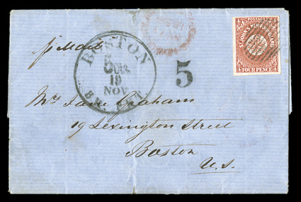 4, 1857 4p Scarlet vermilion, choice example with four large to extra-large margins, deep luxuriant color as well, tied to an especially handsome blue folded 1858 letter from
St. Johns to Boston by barred oval cancellation, light (as always) S