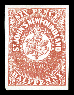 7, 1857 6½p Scarlet vermilion, a select unused example of this very scarce stamp, possessing exceptional physical qualities not often seen, including being exceedingly bright
and fresh, with a prooflike impression, four very large and wonderfull