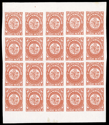 8, 1857 8p Scarlet vermilion, a most impressive complete sheet of twenty, with full sheet margins at top and at bottom, side sheet selvages slightly reduced, wonderfully fresh,
vibrant color and impression, full o.g., few stamps with minor h