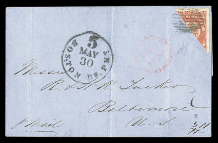 8a, 1857 8p Scarlet vermilion, diagonal half used as 4p, top right half, with huge margins, nicely tied over cut by small grid cancel to 1860 blue folded entire to Baltimore,
red St Johns NewfoundlandMY 23 1860Paid c.d.s. near bisect, clear