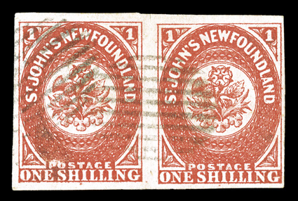 9, 1857 1- Scarlet vermilion, a phenomenal used horizontal pair, with four full (at right) to mostly large margins elsewhere, gorgeous intense color and razor-sharp impression
on bright paper, very lightly and unobtrusively cancelled by barred