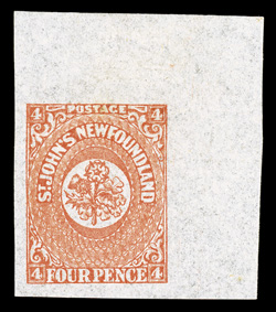 12, 1860 4p Orange, an absolutely breathtaking top right corner sheet-margin mint example in the finest condition imaginable, featuring lavishly large sheet margins and huge
margins on the other two sides, fabulously bright and fresh, with truly