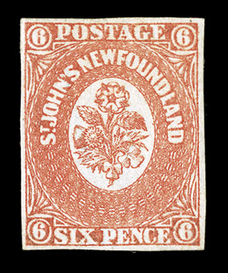 13, 1860 6p Orange, rare mint example, ample but perfectly balanced margins, deep rich color, full o.g., h.r., very fine a surprisingly difficult stamp to find both sound and
with original gum 1977 PF certificate ex-Chapin (Unitrade C$10,