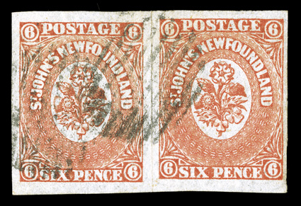 13, 6p 1860 Orange, horizontal pair, used, two light strikes of barred oval postmarks, large to mostly huge margins all around, deep rich color, lightly folded between stamps
and a faint thin at top right, still of very fine appearance a very r