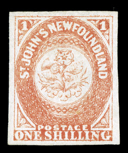 15, 1860 1- Orange, an impressive example of this incredibly rare unused stamp, possessing margins of exceptional size and being nicely balanced as well, bright color, light
ironed out horizontal crease, otherwise extremely fine one of the m