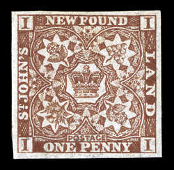 16, 1861 1p Reddish brown, choice four-margin mint example of this extremely rare stamp, strong rich color in the distinctive reddish brown shade, margins are unusually large
and even, nearly full o.g., extremely fine a terribly elusive stamp t