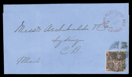 19, 1861 5p Reddish brown, very large margins on three sides, just in on fourth, deep rich color, tied by two neat strikes of quartered cork cancel to an immaculate blue folded
entire to Sydney, C.B., red St. Johns NewfoundlandOC 18 1865Paid