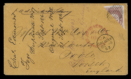 23a, 1861 1- Rose, diagonal half used as 6p, bottom left half, with huge margins and an especially deep shade, well tied over the cut by barred oval to a orange buff cover to
Poole, Dorset, England, well struck St. Johns NewfoundlandSP 25 18