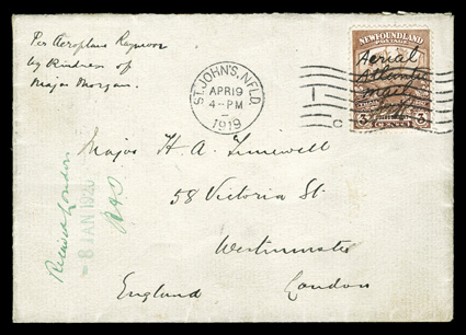 C1 var., 1919 3c Red brown, Martinsyde attempted flight, AerialAtlanticMail manuscript overprint, additionally signed JAR (J.A. Robinson, the Postmaster), exceptionally well
centered example, with deep rich color as well, tied to an espe
