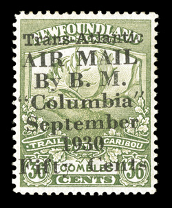 C5, 1930 50c on 36c Olive green Columbia Flight overprint, select mint example of this air post rarity, position 1, being unusually well centered within large margins, strong
rich color, full o.g., lightly hinged, extremely fine of the origin