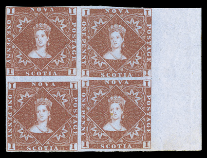 1, 1853 1p Red brown, a spectacular right sheet-margin mint block of four, in a marvelous state of preservation, brilliantly fresh, lovely rich color and impression, clear to
large margins all around, full original gum, small h.r., couple of inc
