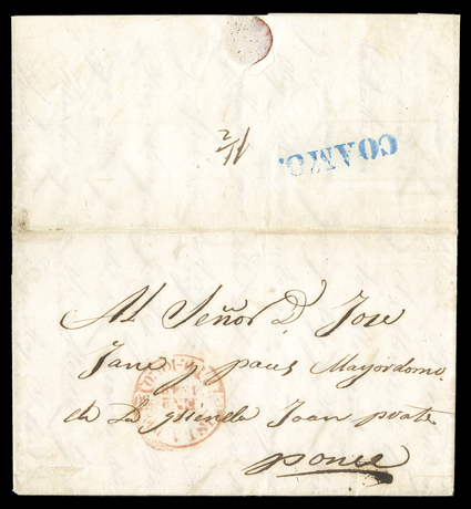 COAMO., mostly bold blue straightline handstamp used as a routing mark on reverse of 1848 folded letter to Ponce, ms. 1½ reales rate, red Isla dePto. Rico7 ENo, 1848 c.d.s.,
remarkably fresh and clean, very fine this is the only cover know