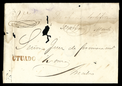 UTUADO, bold Ty. 1 straightline handstamp in red on Official cover to the District Judge at Arecibo, ms. Vo Bo (Visito Bueno) for free at upper left, some aging and worm holes,
very fine strike one of only two examples recorded in red ex-Ro