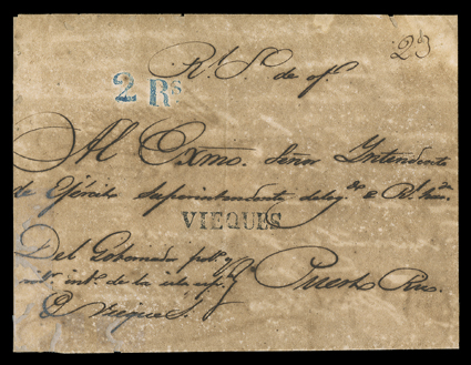 VIEQUES, full strike in black from this island off the east coast of Puerto Rico on Official cover to San Juan, ms. 23 rate and R.S. (real servicio) at top, blue 2 Rs. due
handstamp, cover aged, two side flaps missing and some worm holes aw