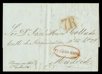 PUERTO RICO, well struck Ty. 5 double oval postmark in red on 1841 folded letter to Madrid, endorsed per Bergantin Pedrito at bottom left, bold 7R due handstamp applied upon
entry at Cadiz, 1841 backstamp, fresh and extremely fine.