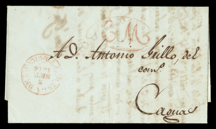 E M, Ty. 23 red fancy monogram in circle postmark of the Empresa Maritimas (Maritime Enterprise) on 1844 folded letter sent from San Juan to Caguas, this Empresa marking was
only applied to maritime arrival mail at San Juan, therefore the cover m