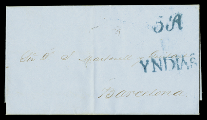 YNDIAS, bold blue Ty. 5 handstamp and matching 5R due on 1850 folded letter with fumigation slits from Mayaguez to Barcelona, partial red Barcelona Baeza style backstamp with
matching 6 reales due, very fine extremely scarce in blue thi
