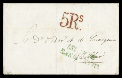 ISLAS DEBARLOVENTO., Ty. 2 two-line straightline handstamp in green on folded cover docketed as being from Guayama in 1844 to Bilbao, marking and bold red 5Rs. due handstamp
applied on arrival at La Coruna, then overland to Bilbao with the