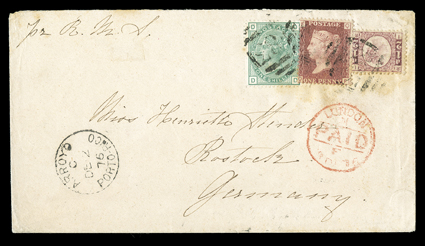 Arroyo Agency, 1876 cover to Germany, franked by Great Britain 1870 ½d Rose red, Plate 5, 1864 1d Rose red, Plate 150 and 1873 1- Green. Plate 12 (58, 33, 64) tied to each
other and to cover by three partial strikes of F83 barred oval postmar