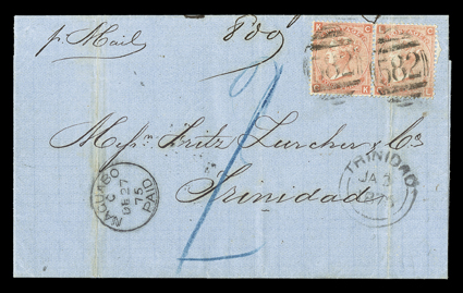 Naguabo Agency, 1875 cover to Trinidad, folded letter franked with horizontal pair Great Britain 1865 4d Vermilion, Plate 14 (43) tied by 582 in barred oval cancel, matching
NaguaboPaidDe 27, 75 datestamp, blue pencil 2 to indicate d