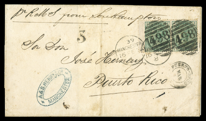 Great Britain 64a, 1873 1- Deep green, Plate 8, left wing-margin horizontal pair, tied by two strikes of Manchester16 Fe 74 and 498 in barred oval duplex cancel to folded cover
to Puerto Rico, endorsed Pr R M S from Southampton, Puerto