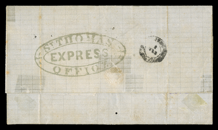 St. THOMASEXPRESSOFFICE greenish handstamp on reverse 1878 stampless folded letter from St. Thomas to San Juan, 3 reales due handstamp and arrival backstamp, cover with some
mostly internal splits reinforced with archival tape, very fine str
