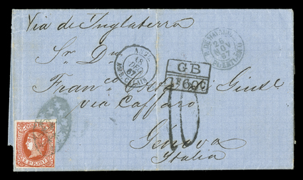 Cuba 21, 1864 2r Vermilion on buff, single with ample to large margins all around, tied by neat Parrilla killer to 1867 folded letter with clear P. de MayaguezPuerto Rico26 Nov
67 postmark to Genoa, Italy, endorsed Via de Ynglaterra and ca