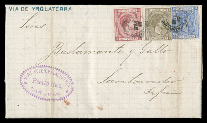 14, 16-17, 1877 10c Carmine, 25c Ultramarine and 50c Bister, singles of each tied to each other by Puerto Rico dispatch postmarks on folded letter to Santander, Spain, endorsed
Via de Ynglaterra, backstamped, 25c stamp affected by a vertical f