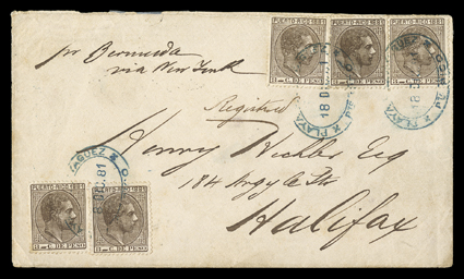 50, 1881 3c Dark brown, five singles, one showing double impression of top inscriptions (50b) tied by three strikes of blue oval Playa de Mayaguez8 Dic 81 datestamp to
registered cover to Halifax, Nova Scotia, endorsed pr Bermudavia Ne
