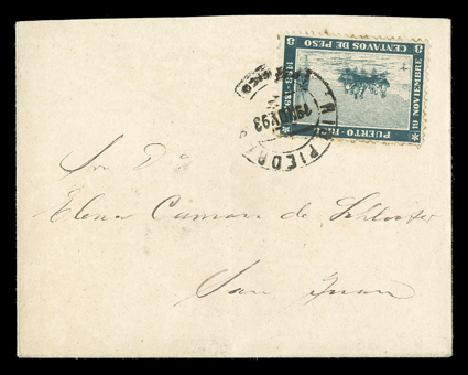 133, 1893 3c Landing of Columbus, well centered, tied by unusual double circle Rio Piedras19 Nov. 93 first day of issue postmark to cover to San Juan, very fine this is the
only stamp from Puerto Rico designed and printed on the island and i