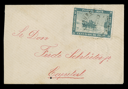 133, 1893 3c Landing of Columbus, single tied by Santurce19 Nov. 93 c.d.s. to cover to San Juan, a bit reduced at left, very fine a rare town of origin in 1893 there were 68
towns in the island and only 22 different town cancellations are r