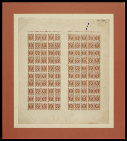 136, 1898 2m Orange brown, complete sheet of 100 stamps, divided into two panes of fifty with vertical gutter, inscription error in top margin, 100 instead of 50 above each
pane, o.g., mounted in a frame, fine.