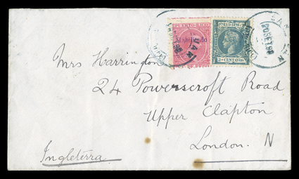 141, 167, 1898 2c Dark blue green and 8c Carmine rose overprinted Habilitadopara1898 y 99., singles of each tied by blue-green San JuanPuerto Rico20 Set. 98 double circle
datestamp, while San Juan was still in Spanish hands, cover to Lon