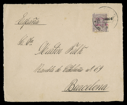 166, 1898 6c Violet overprinted Habilitadopara1898 y 99., excellent centering but with a couple foxed perfs, tied to cover front address panel to Barcelona by Admon.
CentralPuerto Rico15 Oct. 98 datestamp, very fine the Habilitado overp