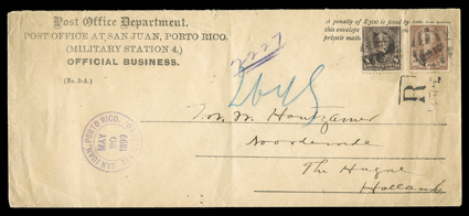 213-14, 8c Violet brown and 10c Brown, Ty. I overprinted Porto Rico, latter natural s.e. at top, tied by segmented cork cancels to legal sized penalty cover to Holland with
Post Office DepartmentPost Office at San Juan, Porto Rico.(Mili