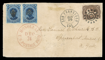 [Hilo post office mixed Hawaii and U.S. franking, 1866] cover to New York with horizontal pair of 1866 5c Blue (32) cancelled by multiple small pen strokes and just tied by
full strike of red HonoluluU.S. Postage PaidDec 24 c.d.s., originate