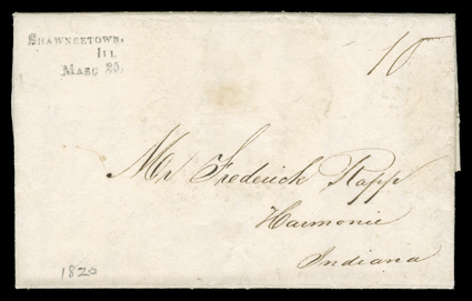 Shawneetown, Illinois, two different style postmarks, first straightline Shawneetown,IllMarc 25, on 25 March 1820 folded letter (earliest recorded usage), the second a mostly
bold red Shawneetown, Ill.D.(istributing) P.(ost) O.(ffice)J. St
