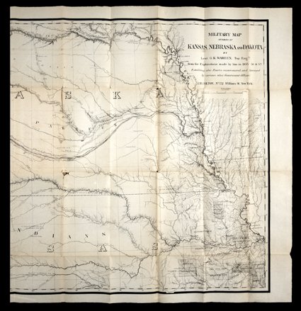 Guide to Kansas, the Pike’s Peak, Gold Region &c., &c., Redpath and Hinton. NY, JH Colton, 1859. 12mo, 177 pp., brown cloth with gilt title. Maps folded into front and rear.
Front cover detached, but complete. Risvold’s label on free front endpap