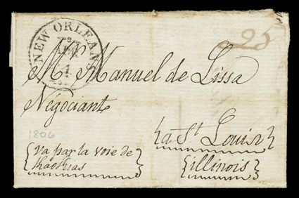 New Orleans, Apr 4 (1806), clear ornamented Territorial period datestamp on fresh 8 March 1806 folded letter, in Spanish from Moro, with integral address leaf to the fur
trader and explorer Manuel de Lissa (Lisa) at St. Louis, Illinois, manus