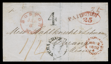 [Boston, Via Kingston, to Mexico], folded letter to Durango, Mexico by British mails, printed letter with integral address leaf datelined Boston, December 31, 1851 with red
Boston, Mass.Jan 8 datestamp, straightline Paid handstamp and manu
