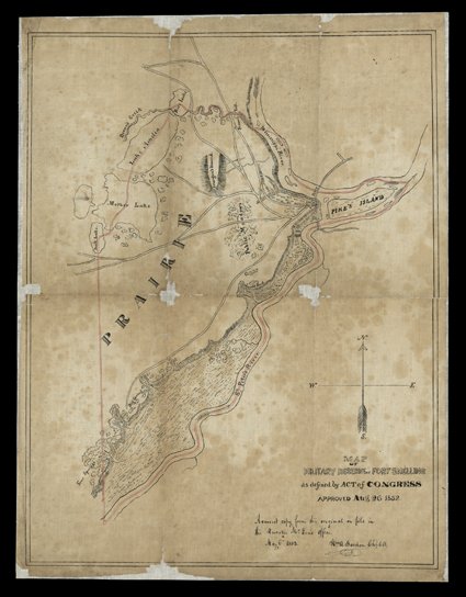 [Maps of Fort Snelling] two exceptional hand-drawn Maps, Map of Military Reserve of Fort Snelling...Aug 26, 1852 and Plan of the Military Reserve at Fort Snelling made under
the direction of James W. Abert, the second drawn by George F. Fulle