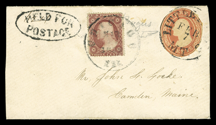 Illegal use of cut out 3c Nesbitt indicia, two examples, first with 3c Red on buff (U10) indicia affixed to ladies cover and tied by Little Falls, M.T.Feb 7 Minnesota
Territory datestamp to Camden, Maine, stopped in Chicago where oval Held f