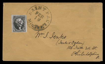 [The First postage stamps in Minnesota Territory], Ten Cent Black 1847 Issue (2), four generous to huge margins, tied to buff cover to Jenks & Ogden at Philadelphia by green
Saint Paul, Min. Ter.Feb 12 datestamp and additionally cancelled