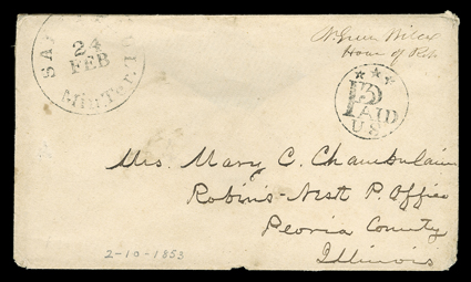 Saint Paul, Minnesota Territory, pair of covers with matching black and red postmarks and fancy Paid 3 ornamental rate handstamps with three stars, first in black with 24
February datestamp with endorsement from a member of the House of Represe