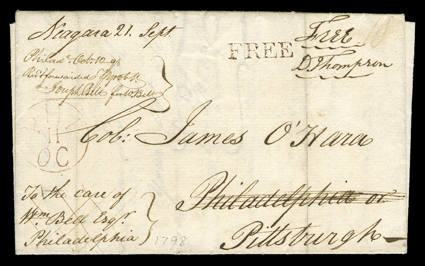 Fort Niagara, New York, 1798 dateline on two folded letters with integral address leaf sent Free with postmaster D Thompson signature, first with manuscript Niagara 21. Sept
to Philadelphia and forwarded to Pittsburgh with Philadelphia date