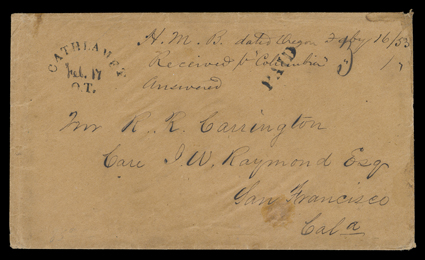 Cathlamet Oregon Territory, clear arc territorial postmark (O.T.) with Feb. 17 manuscript date and matching PAID handstamp with manuscript 3 rate on buff cover to San
Francisco, 1853 docket at top, very fine and rare.This Post Office was es
