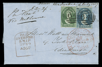 Kent, Tasmania 1855 2d Green (5) and 4d Deep blue (6) tied by 64 in barred oval to 7 May 1856 folded letter with integral address leaf to Edinburgh, Scotland and endorsed Per
Kent, Via Melbourne, red General Post OfficeHobart-TownMy