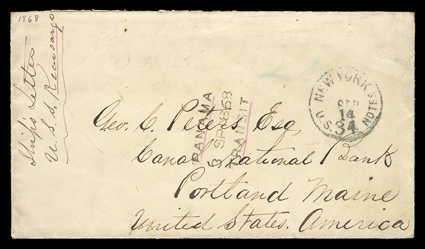 U.S.S. Kearsarge, At Sea on the way, Caldera DArica (Peru), August 20, 1868 dateline on four-page letter telling about an earthquake enclosed in cover to Portland, Maine
endorsed Ships Letter.U.S.S. Kearsage, entered the mails with Bri