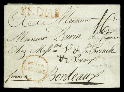 NUEVA  ORLEANS, red, circular Spanish Colonial Period handstamped postmark on 19th April, 1790 folded letter with integral address leaf to Bordeaux, France with manuscript 16
decimes due, carried to Spain by the Crowns Overseas Postal Service